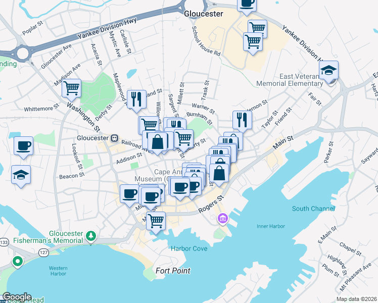 map of restaurants, bars, coffee shops, grocery stores, and more near 140 Main Street in Gloucester