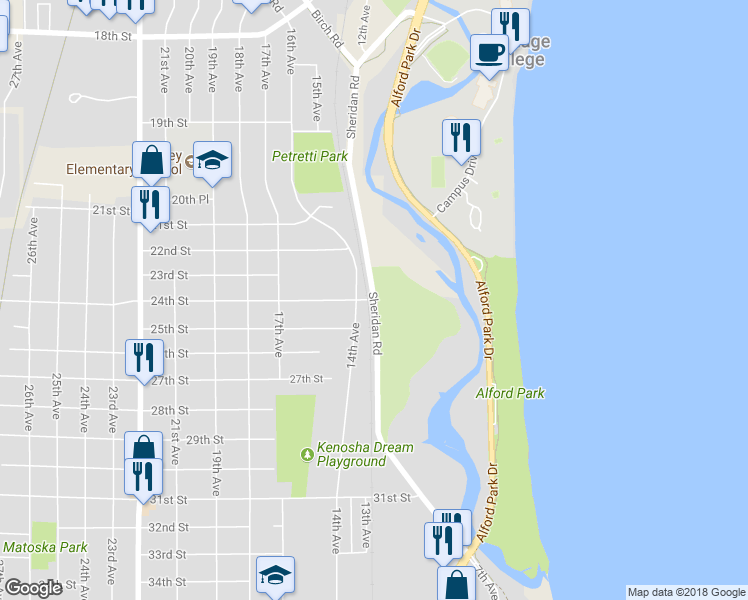 map of restaurants, bars, coffee shops, grocery stores, and more near 1401 24th Street in Kenosha