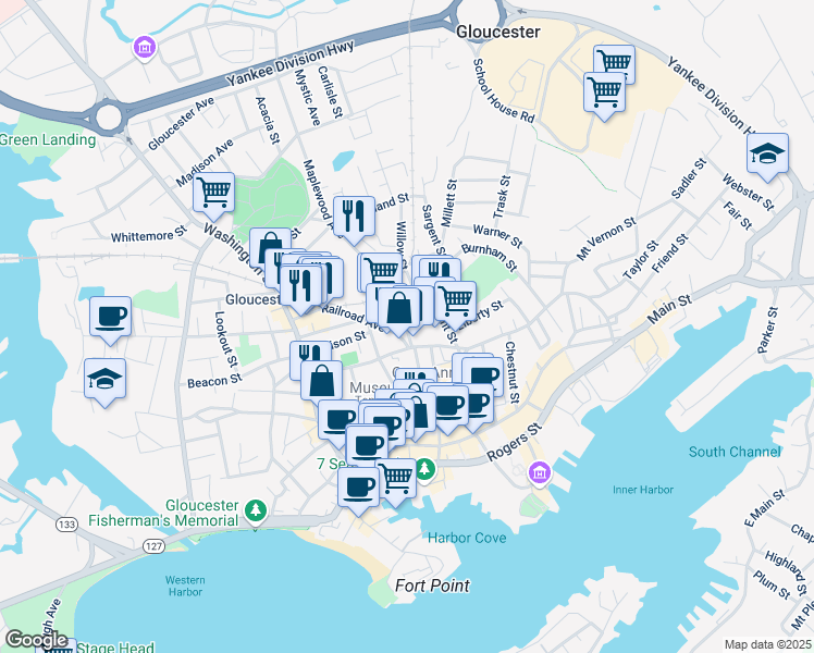 map of restaurants, bars, coffee shops, grocery stores, and more near 9 Maplewood Avenue in Gloucester