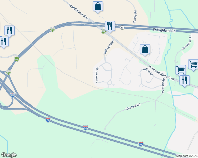 map of restaurants, bars, coffee shops, grocery stores, and more near 1136 Rial Lake Drive in Howell