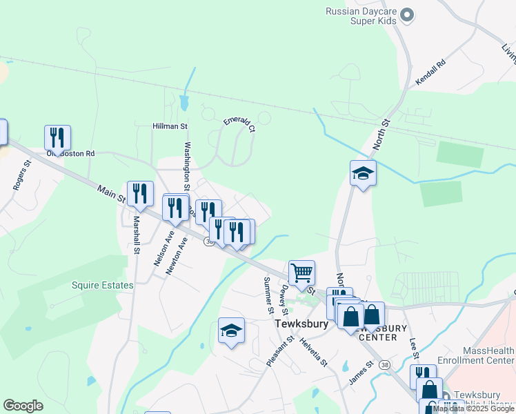 map of restaurants, bars, coffee shops, grocery stores, and more near 5 Archstone Avenue in Tewksbury