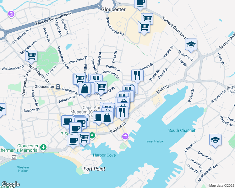 map of restaurants, bars, coffee shops, grocery stores, and more near 27 Liberty Street in Gloucester