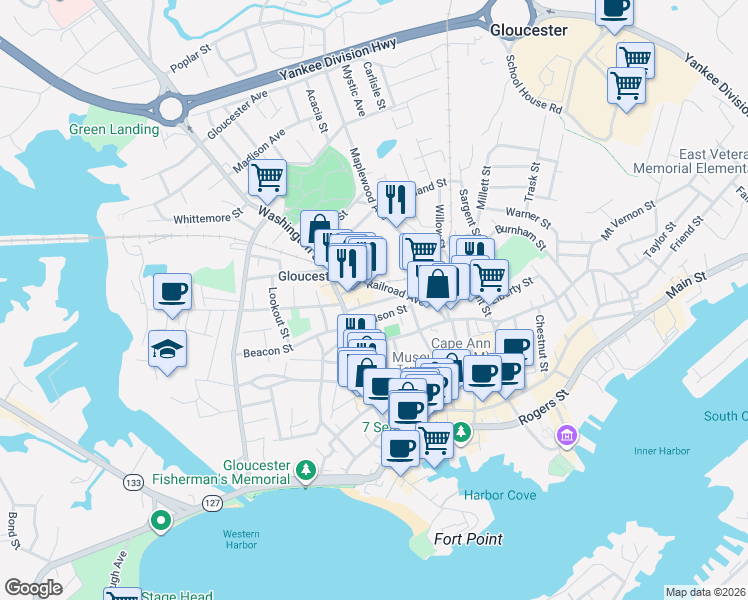 map of restaurants, bars, coffee shops, grocery stores, and more near 30 Railroad Avenue in Gloucester