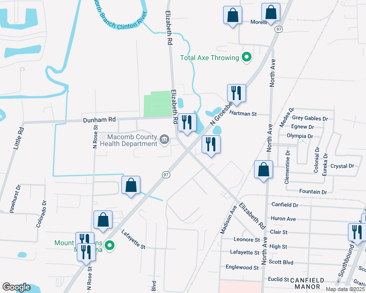 map of restaurants, bars, coffee shops, grocery stores, and more near 43550 Elizabeth Road in Charter Township of Clinton