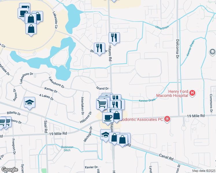 map of restaurants, bars, coffee shops, grocery stores, and more near 15052 Olivewood Drive in Sterling Heights