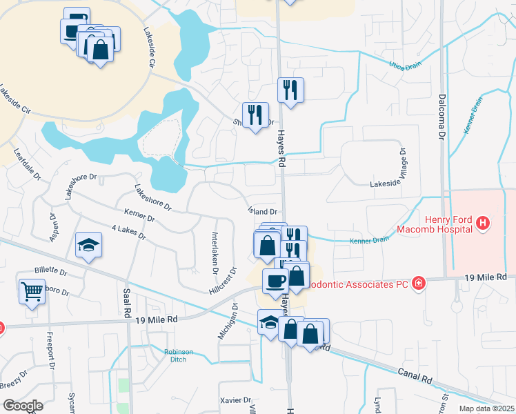 map of restaurants, bars, coffee shops, grocery stores, and more near 15052 Olivewood Drive in Sterling Heights