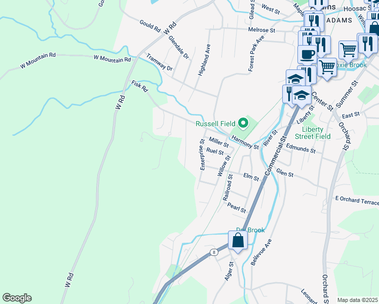 map of restaurants, bars, coffee shops, grocery stores, and more near 14 Bieniek Avenue in Adams