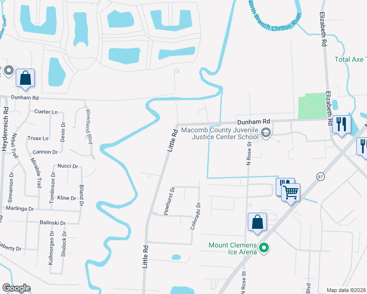 map of restaurants, bars, coffee shops, grocery stores, and more near 21340 Dunham Road in Clinton Township