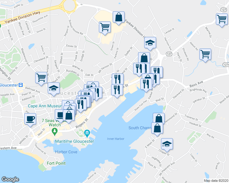 map of restaurants, bars, coffee shops, grocery stores, and more near 326 Main Street in Gloucester