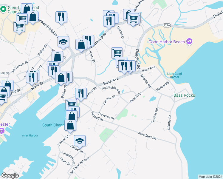 map of restaurants, bars, coffee shops, grocery stores, and more near 14 Brightside Avenue in Gloucester