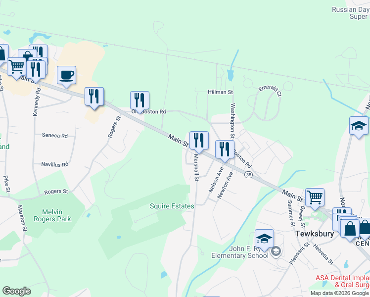 map of restaurants, bars, coffee shops, grocery stores, and more near in Tewksbury