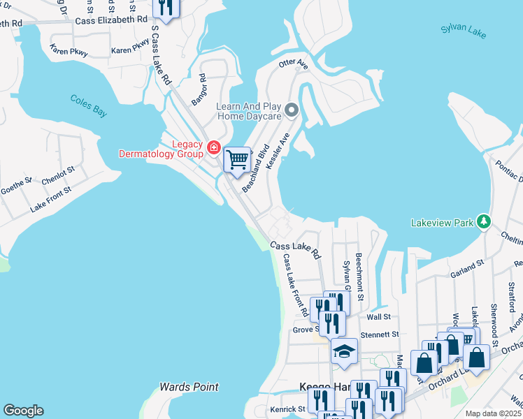 map of restaurants, bars, coffee shops, grocery stores, and more near 1578 Kessler Avenue in Keego Harbor