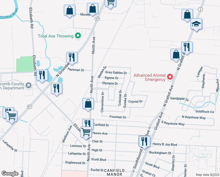 map of restaurants, bars, coffee shops, grocery stores, and more near 23179 Olympia Drive in Clinton Township