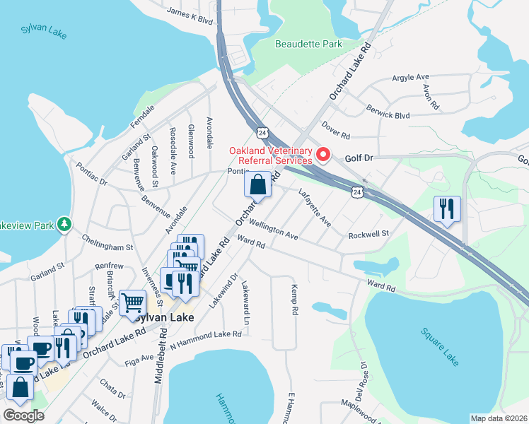 map of restaurants, bars, coffee shops, grocery stores, and more near 1268 Atkinson Avenue in Bloomfield Township