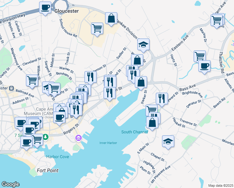 map of restaurants, bars, coffee shops, grocery stores, and more near 375 Main Street in Gloucester
