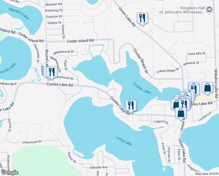 map of restaurants, bars, coffee shops, grocery stores, and more near 8822 Charbane Street in White Lake charter Township