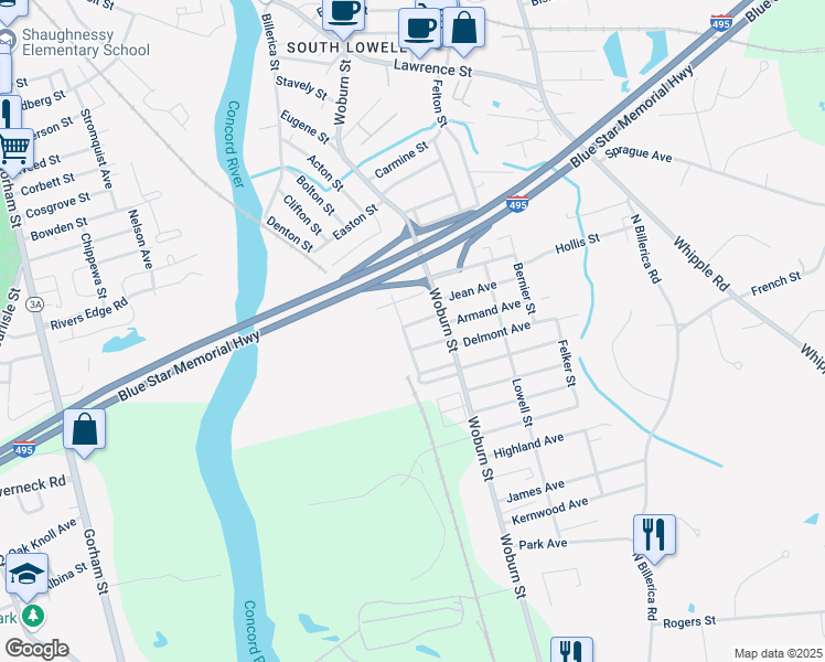 map of restaurants, bars, coffee shops, grocery stores, and more near 14 Bristol Street in Lowell