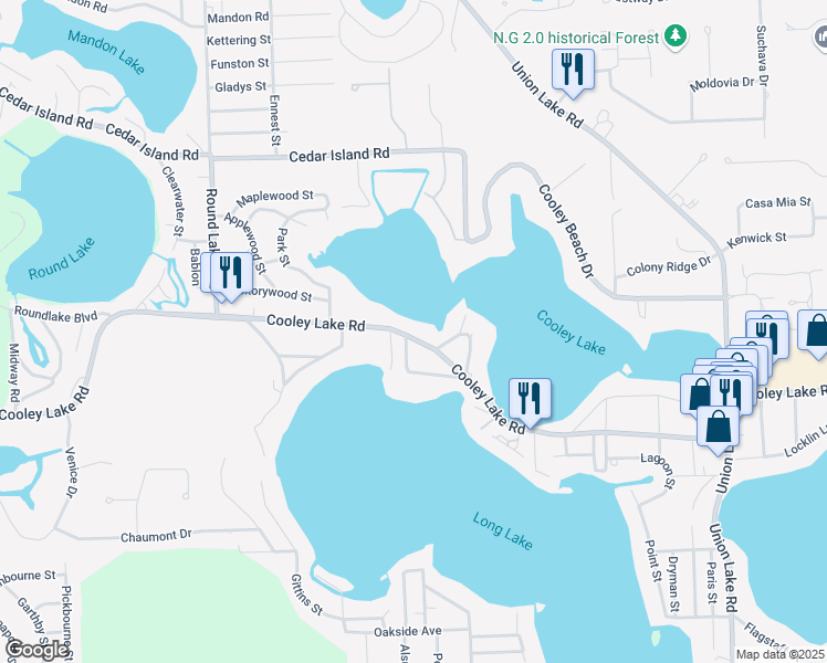 map of restaurants, bars, coffee shops, grocery stores, and more near 8916 Cooley Lake Road in White Lake charter Township