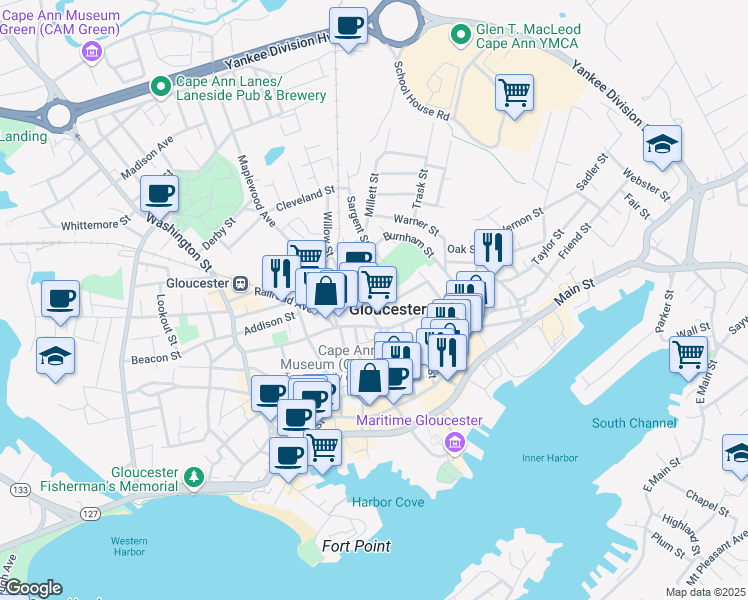 map of restaurants, bars, coffee shops, grocery stores, and more near in Gloucester