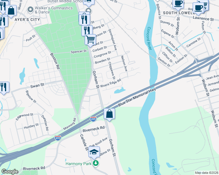 map of restaurants, bars, coffee shops, grocery stores, and more near 24 Ledge Way in Lowell