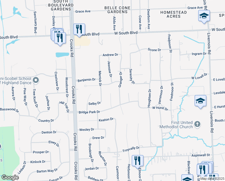 map of restaurants, bars, coffee shops, grocery stores, and more near 721 Kimberly Drive in Troy