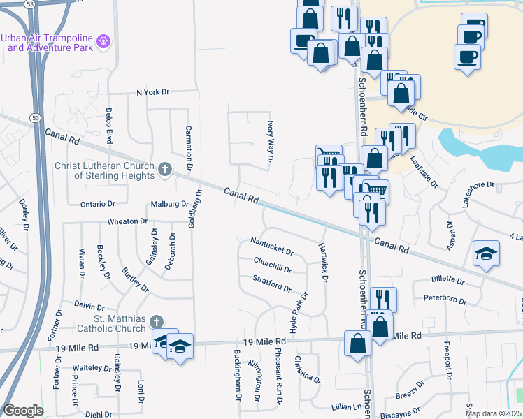 map of restaurants, bars, coffee shops, grocery stores, and more near 13068 Canal Road in Sterling Heights