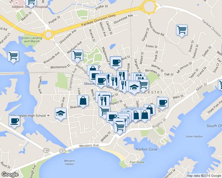 map of restaurants, bars, coffee shops, grocery stores, and more near 20 Railroad Avenue in Gloucester