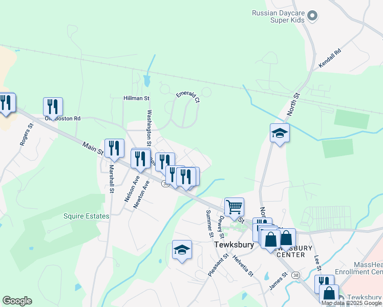 map of restaurants, bars, coffee shops, grocery stores, and more near 4 Archstone Avenue in Tewksbury