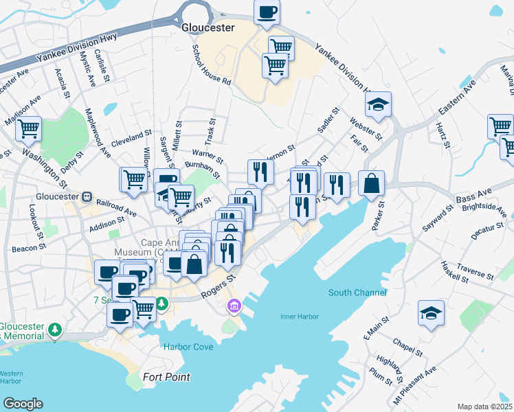 map of restaurants, bars, coffee shops, grocery stores, and more near 7 Spring Court in Gloucester