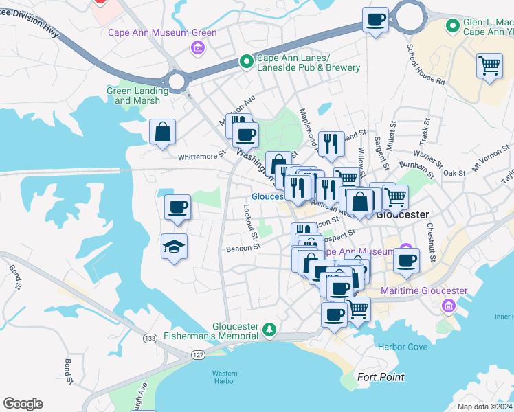 map of restaurants, bars, coffee shops, grocery stores, and more near 16R Exchange Street in Gloucester