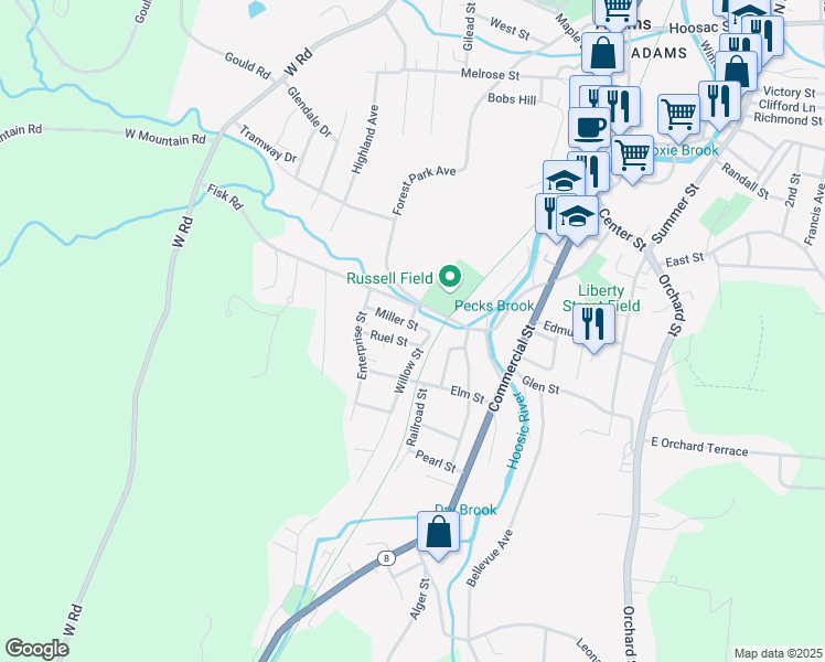 map of restaurants, bars, coffee shops, grocery stores, and more near 11 Miller Street in Adams