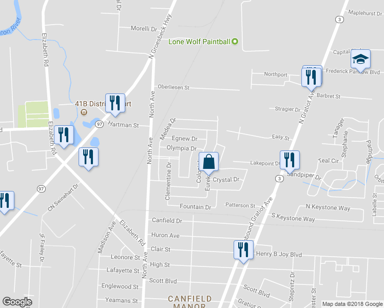 map of restaurants, bars, coffee shops, grocery stores, and more near 43645 Park Drive East in Charter Township of Clinton