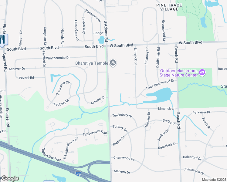 map of restaurants, bars, coffee shops, grocery stores, and more near 6731 North Adams Road in Bloomfield Hills