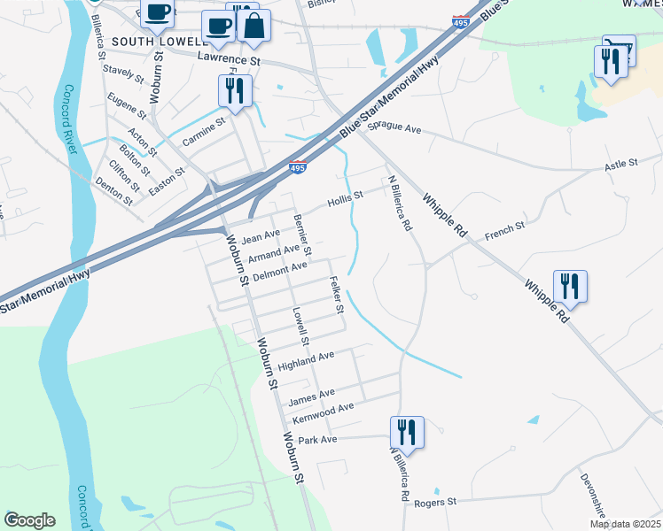 map of restaurants, bars, coffee shops, grocery stores, and more near 105 Felker Street in Lowell