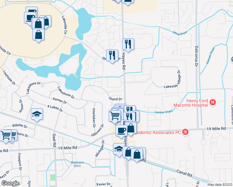 map of restaurants, bars, coffee shops, grocery stores, and more near 15052 Olivewood Drive in Sterling Heights