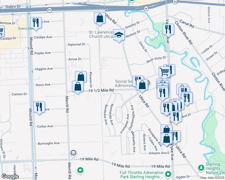 map of restaurants, bars, coffee shops, grocery stores, and more near 7063 19 1/2 Mile Road in Sterling Heights