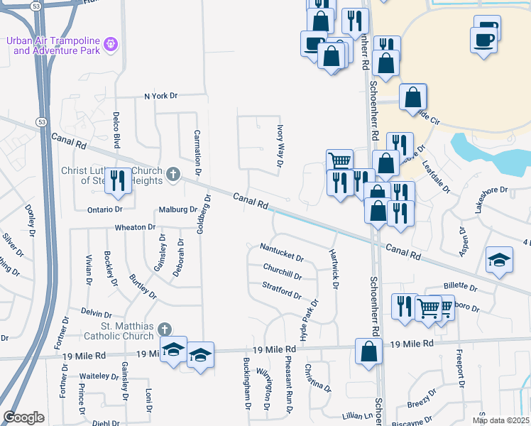 map of restaurants, bars, coffee shops, grocery stores, and more near 13068 Canal Road in Sterling Heights