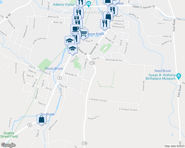 map of restaurants, bars, coffee shops, grocery stores, and more near 29 Orchard Street in Adams