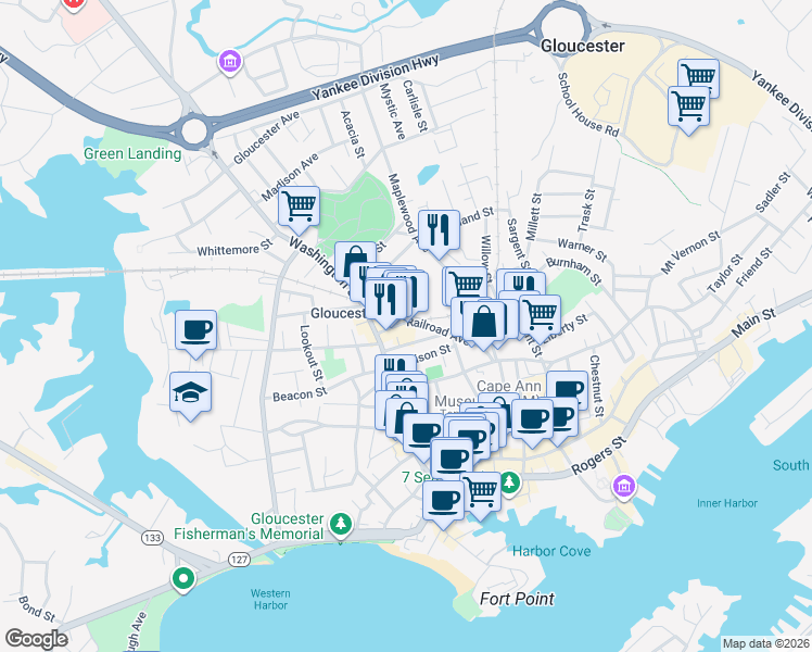 map of restaurants, bars, coffee shops, grocery stores, and more near 30 Railroad Avenue in Gloucester