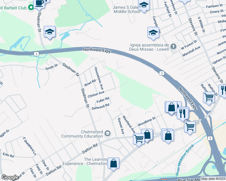 map of restaurants, bars, coffee shops, grocery stores, and more near 21 Clinton Avenue in Chelmsford