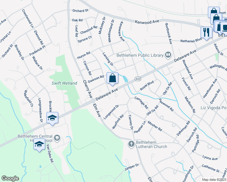 map of restaurants, bars, coffee shops, grocery stores, and more near 1 Kensington Court in Delmar