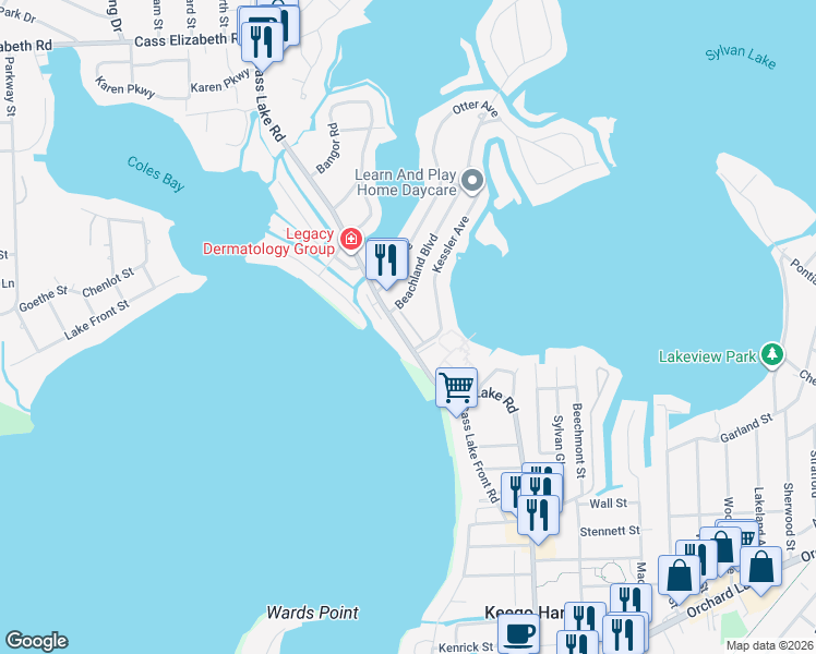 map of restaurants, bars, coffee shops, grocery stores, and more near 1565 Cass Lake Road in Keego Harbor