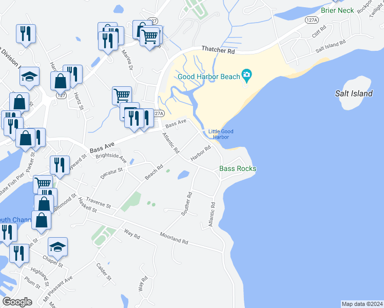 map of restaurants, bars, coffee shops, grocery stores, and more near 7 Harbor Road in Gloucester