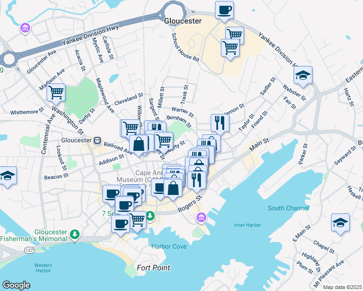 map of restaurants, bars, coffee shops, grocery stores, and more near 27 Liberty Street in Gloucester