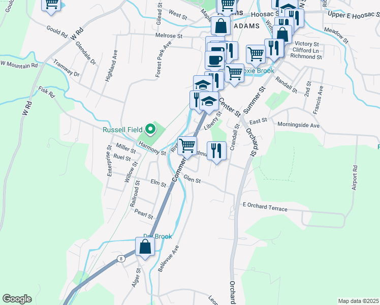 map of restaurants, bars, coffee shops, grocery stores, and more near 50 Commercial Street in Adams
