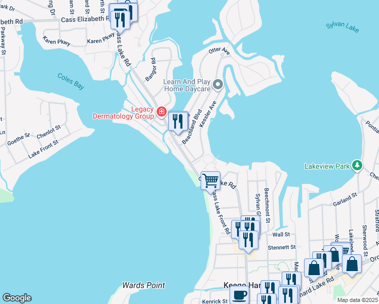 map of restaurants, bars, coffee shops, grocery stores, and more near 1565 Cass Lake Road in Keego Harbor