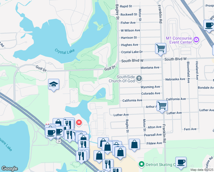 map of restaurants, bars, coffee shops, grocery stores, and more near 1287 Oaklawn Drive in Pontiac