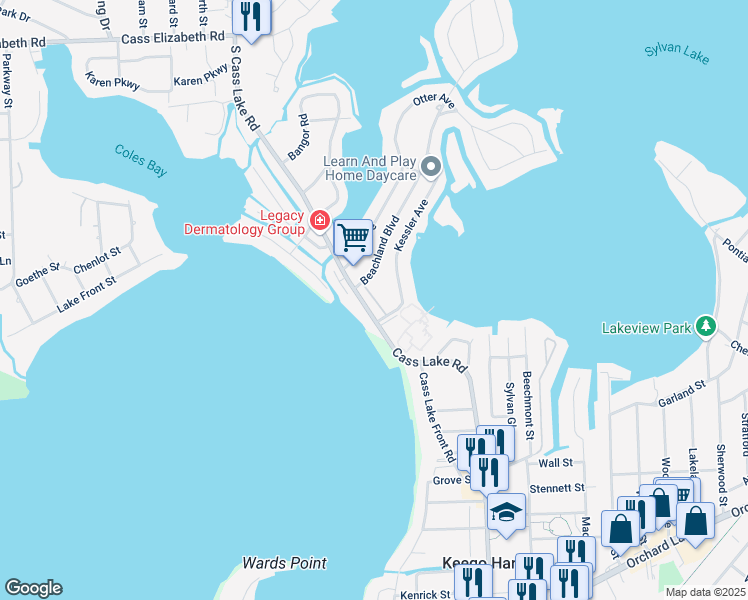 map of restaurants, bars, coffee shops, grocery stores, and more near 1565 Cass Lake Road in Keego Harbor