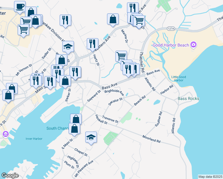 map of restaurants, bars, coffee shops, grocery stores, and more near 14 Brightside Avenue in Gloucester