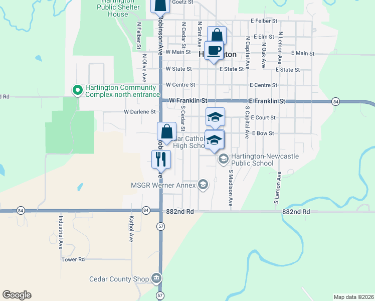 map of restaurants, bars, coffee shops, grocery stores, and more near 460-512 South Cedar Street in Hartington